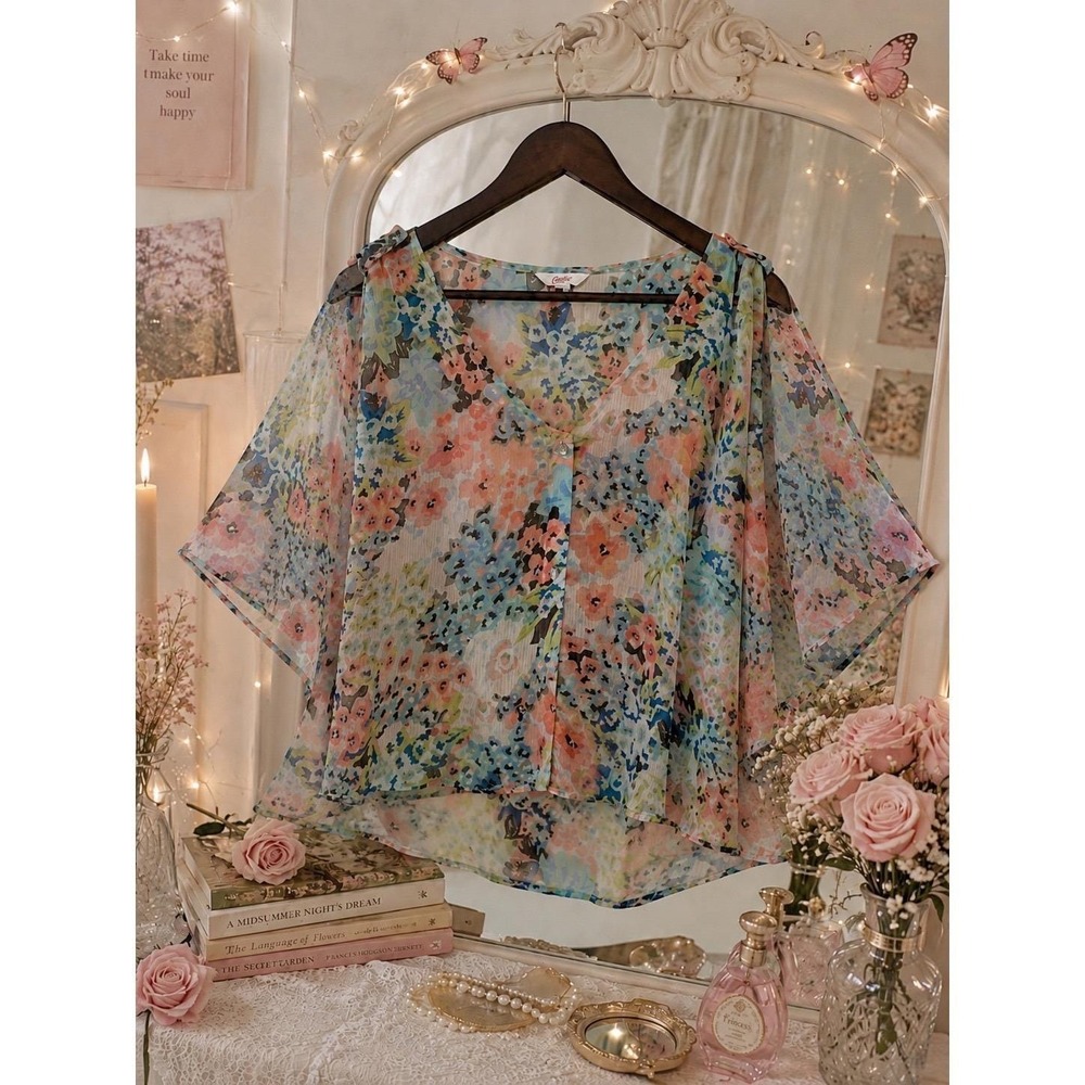 Wms Y2K Fairy Floral Blouse L Multicolor Cold Shoulder Sheer Chiffon Candies
